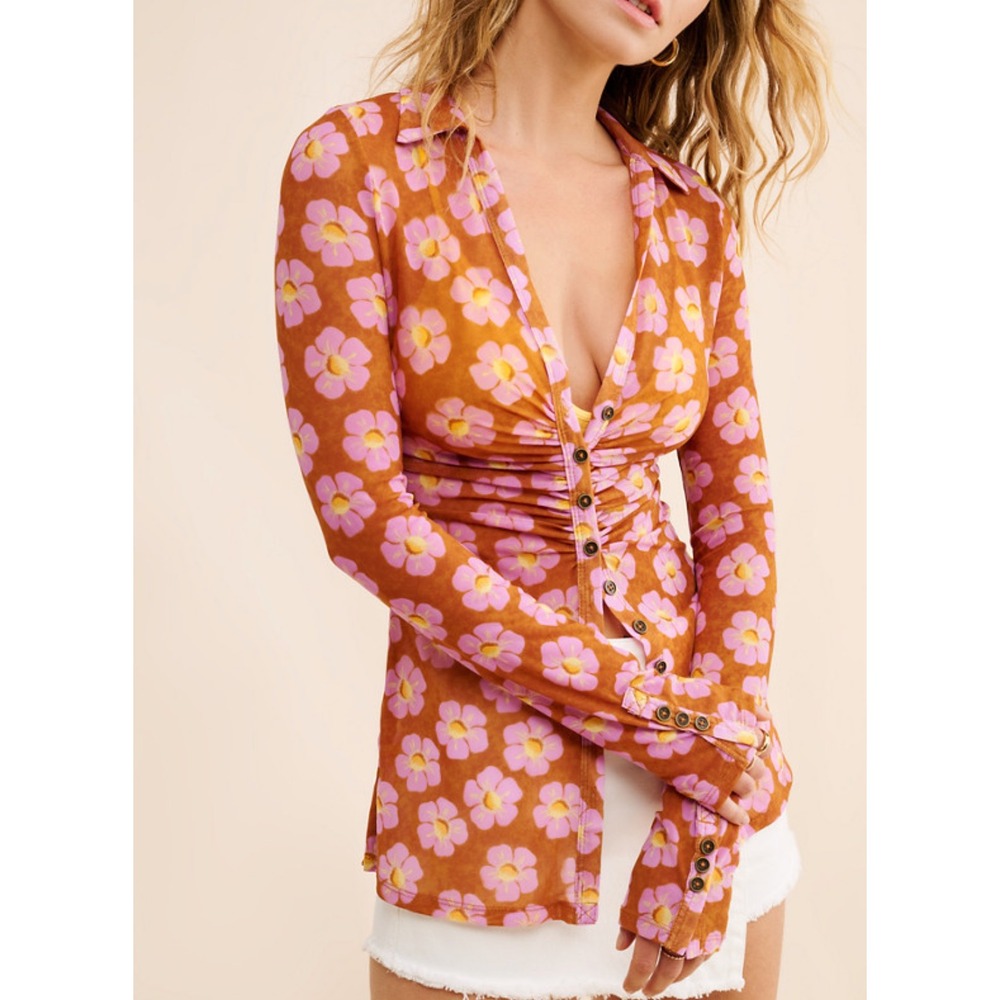 Free People Floral Mesh Sheer Ruched Lucky Shirt Long Sleeve Top Orange Pink XS